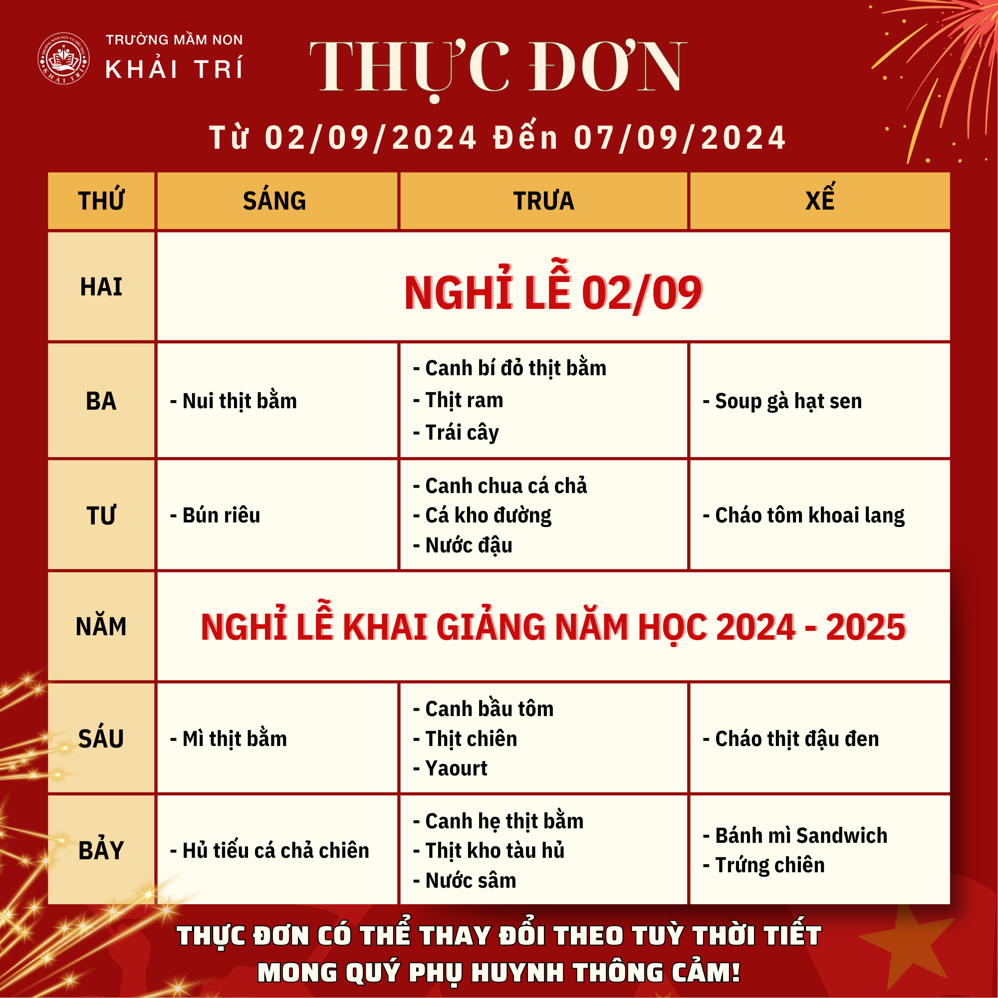 Thực Đơn Tuần Mới (Từ 02/09/2024 - 07/09/2024)